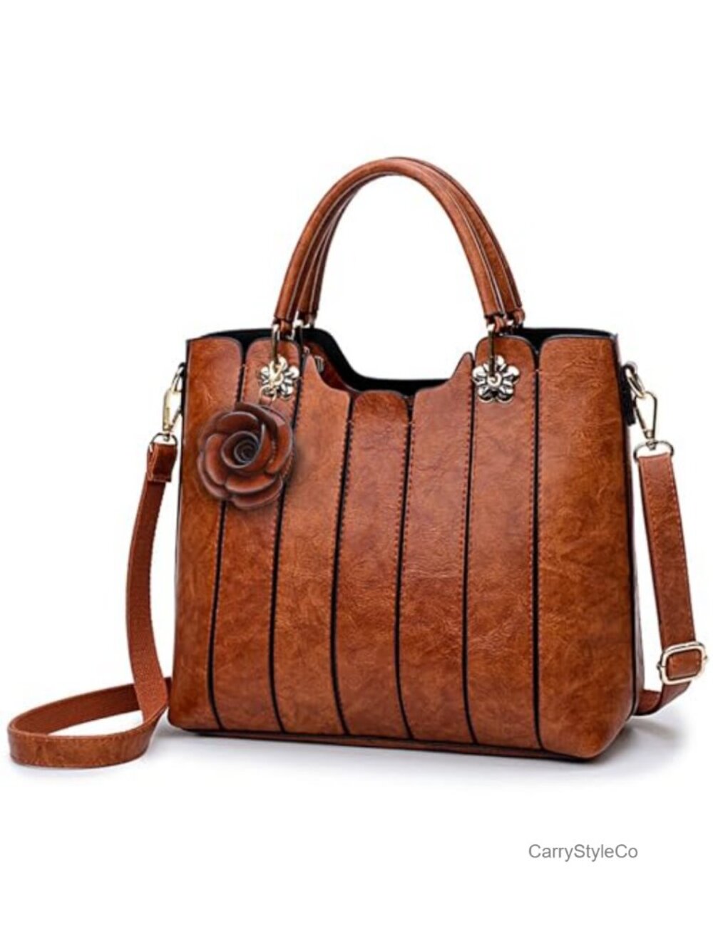 Vegan Leather Top Handle Satchel Purse with Rosette Charm
